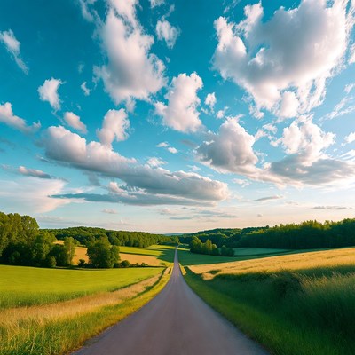 Winding road through green fields