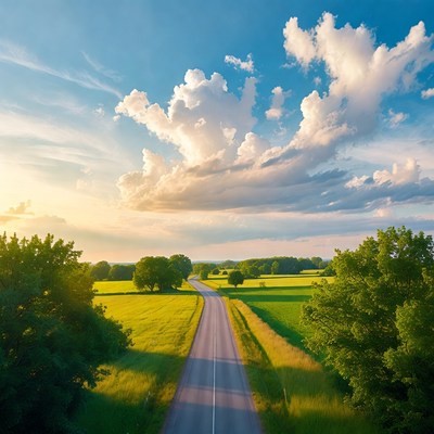 Aerial view of straight road through yellow fields