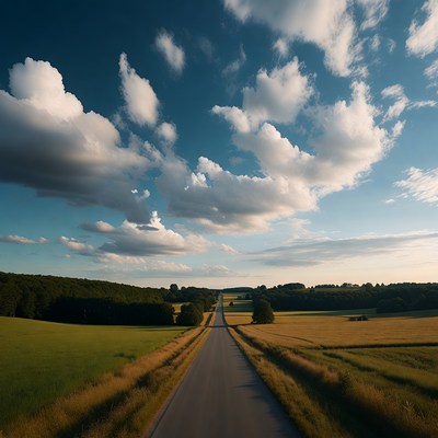 Straight rural road through fields