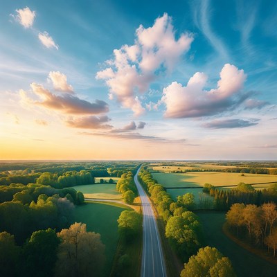 Aerial View of Winding Road in Green Fields