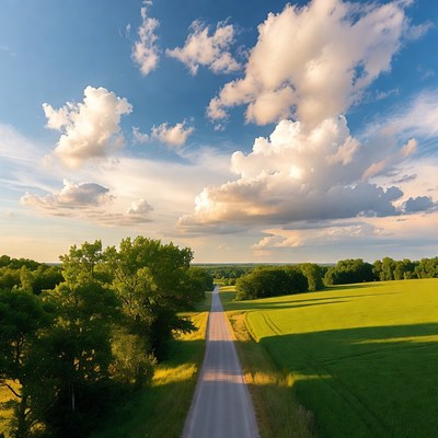 Aerial view of straight road through green fields