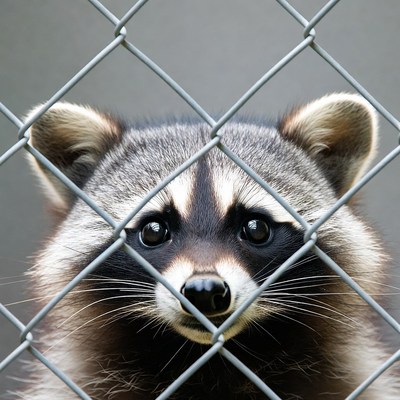 Raccoon peering through chain link fence