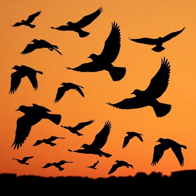 Flock of black crows flying silhouette sunset