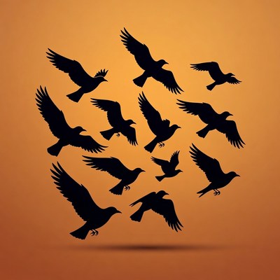 Flock of black silhouette birds flying