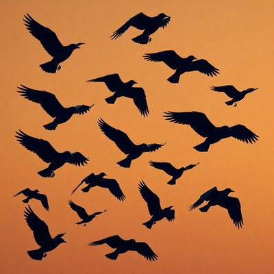 Flock of black ravens flying silhouette