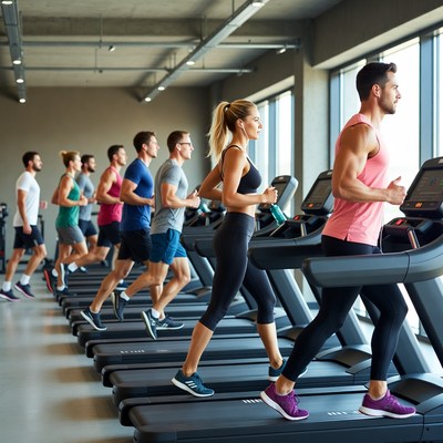 Group running on treadmills in gym
