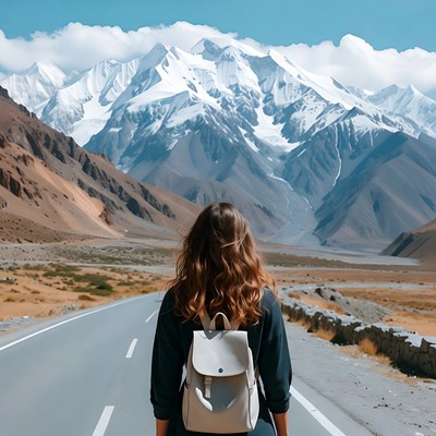 Woman backpack facing snowy mountains