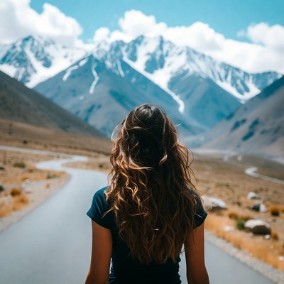 Woman standing on mountain road