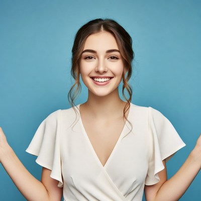 Smiling woman raising arms in white dress