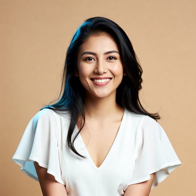 Asian woman smiling in white blouse