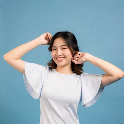 Asian woman stretching arms smiling