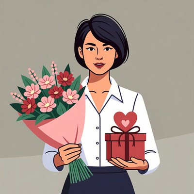 Asian woman holding flowers and gift
