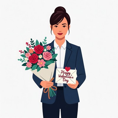 Asian woman holding Valentine's bouquet and card