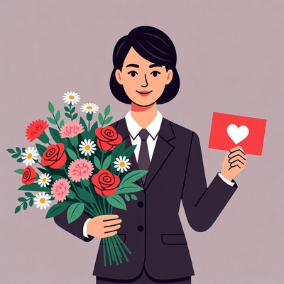 Asian woman holding roses and heart card