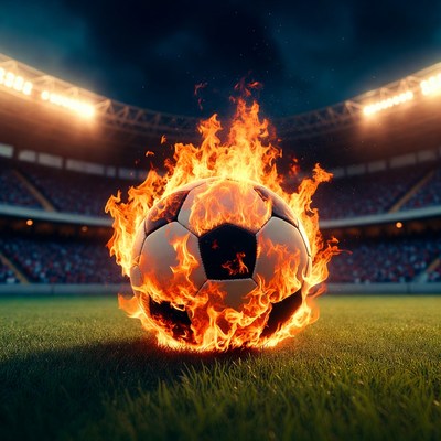 Burning Soccer Ball on Stadium Field