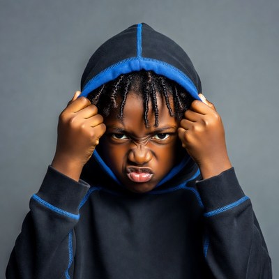 African boy grimacing in hoodie