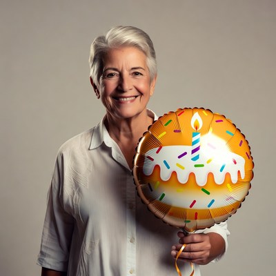 Elderly woman holding birthday cake balloon