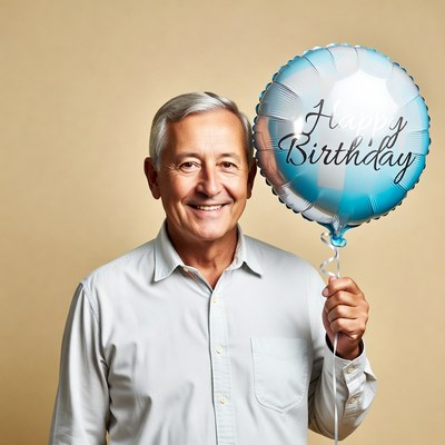 Smiling senior man holding Happy Birthday balloon