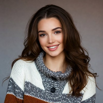 Smiling woman in gray turtleneck sweater