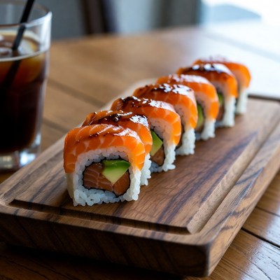 Salmon Sushi Rolls with Iced Drink