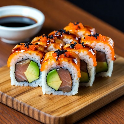 Salmon Avocado Sushi Rolls with Sauce
