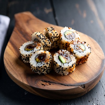 Assorted Sushi Rolls on Wooden Board