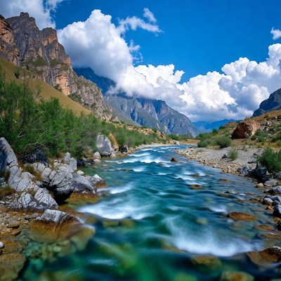 Mountain River Flowing Through Canyon