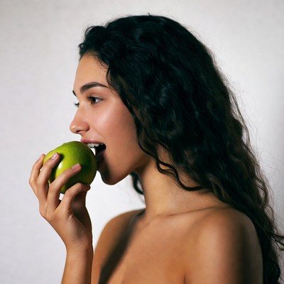 Nude woman biting green apple