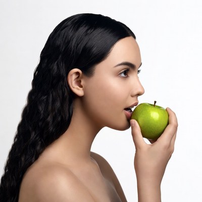 Woman biting green apple