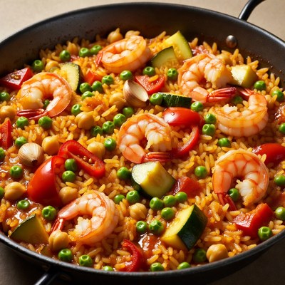 Shrimp Paella with Vegetables in Pan