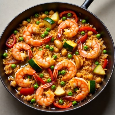 Shrimp Paella with Vegetables in Pan