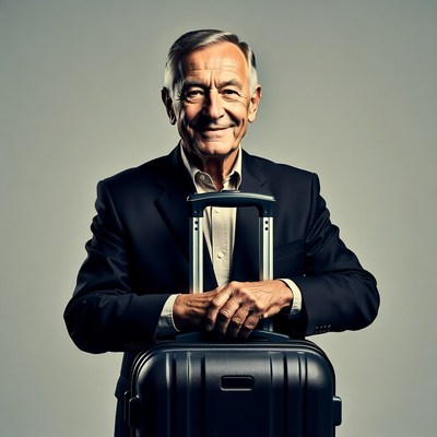 Elderly man holding suitcase