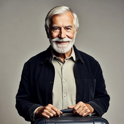 Elderly man holding black suitcase