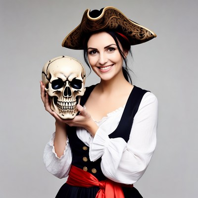 Woman in pirate costume holding skull
