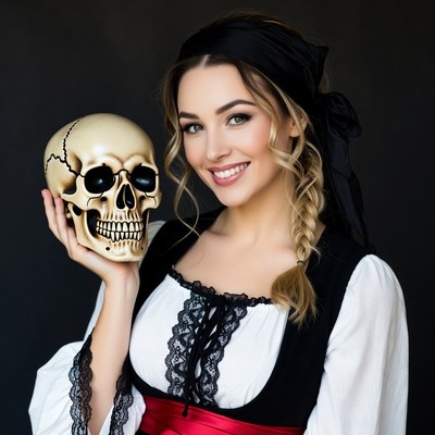 Woman holding skull in pirate costume