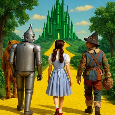 Dorothy, Tin Man, Scarecrow on Yellow Brick Road