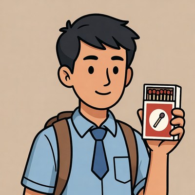 Asian boy holding matchbox