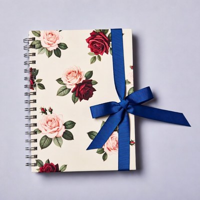 Rose Pattern Notebook with Blue Ribbon