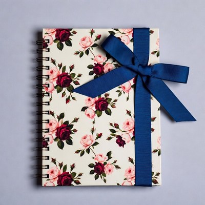 Rose Pattern Notebook with Blue Ribbon