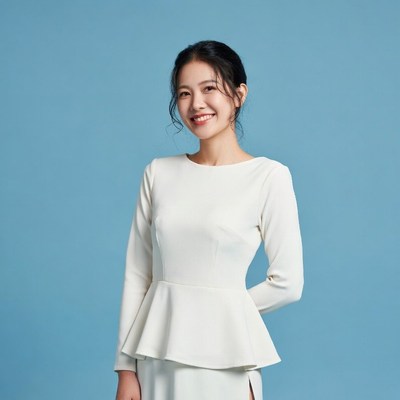 Asian woman smiling in white dress