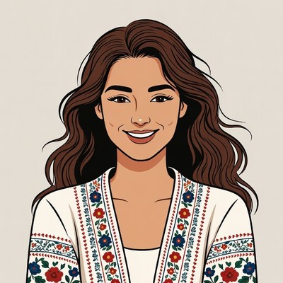 Smiling Asian woman in embroidered blouse