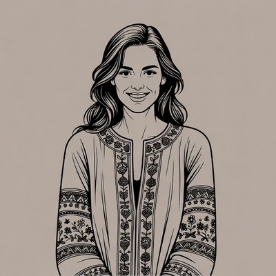 Smiling woman in embroidered blouse