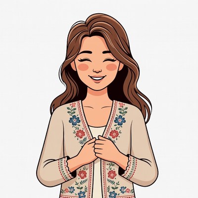 Smiling woman in embroidered cardigan