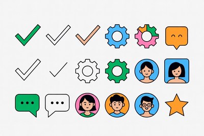 Colorful Icon Set with Checkmarks Gears Faces