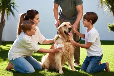 Family washing golden retriever dog