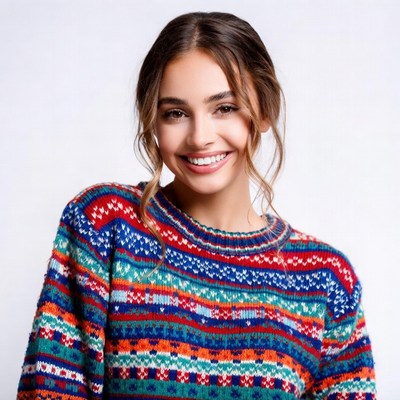 Smiling woman in colorful knit sweater