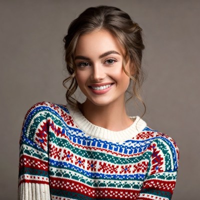 Smiling woman in colorful knit sweater