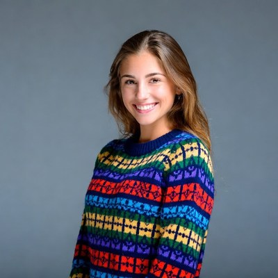 Smiling woman in colorful knit sweater