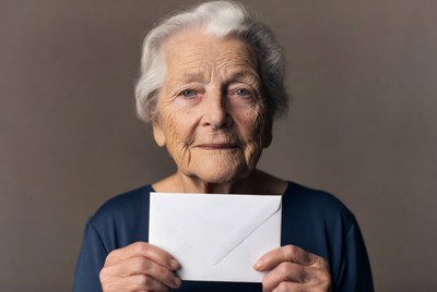 Elderly woman holding white envelope