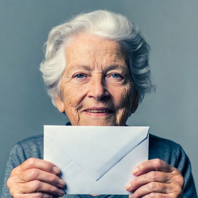 Elderly woman holding white envelope